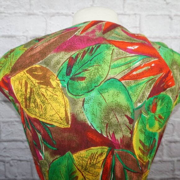 Vintage 80s Leaf Button Down Belted Midi Dress Medium - Picture 7 of 12